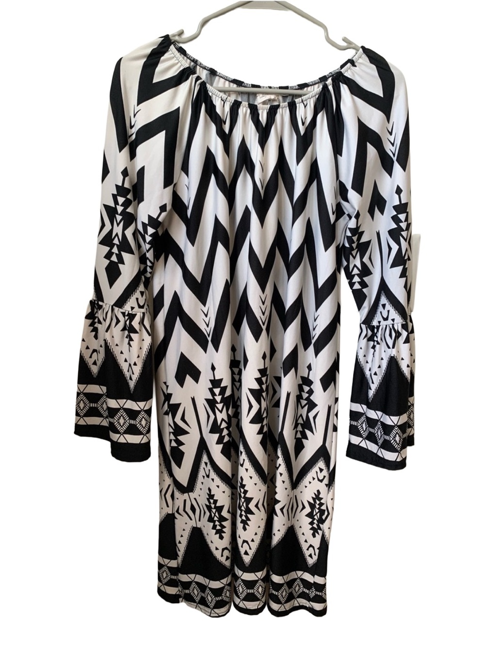 LADY’S WORLD Women’s Black Cream Print Long Bell Sleeve Elastic Neck Midi Dress
